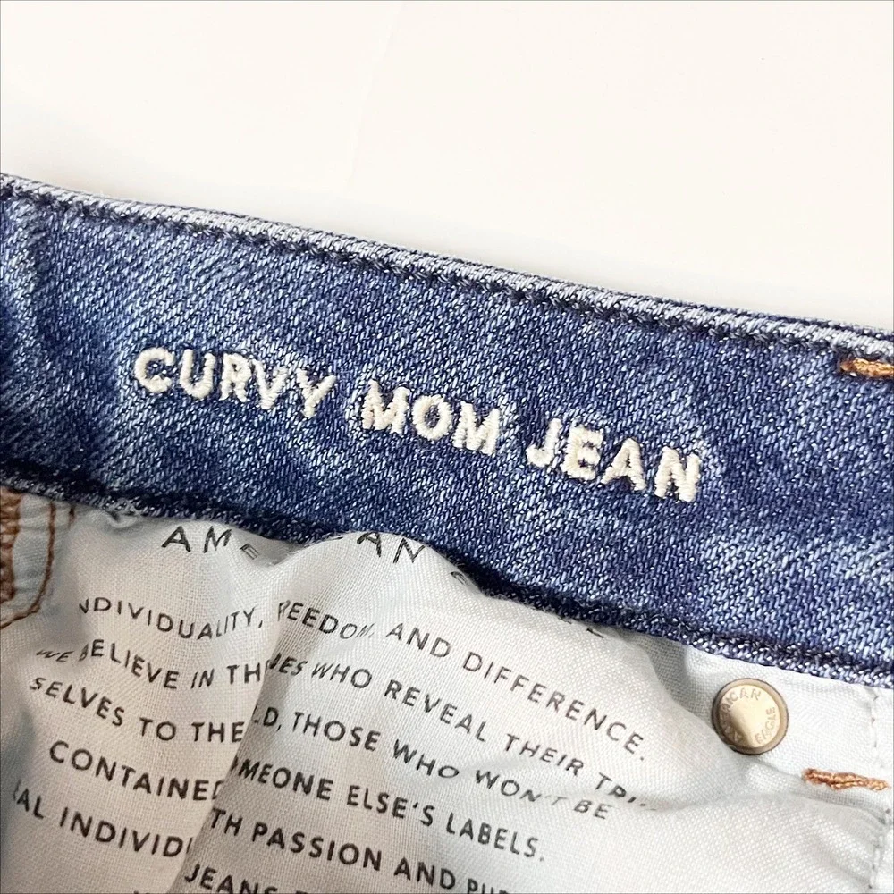 American Eagle Curvy Mom Jeans 4 X-LONG High Waisted Ripped Blue‎ Denim Stretch